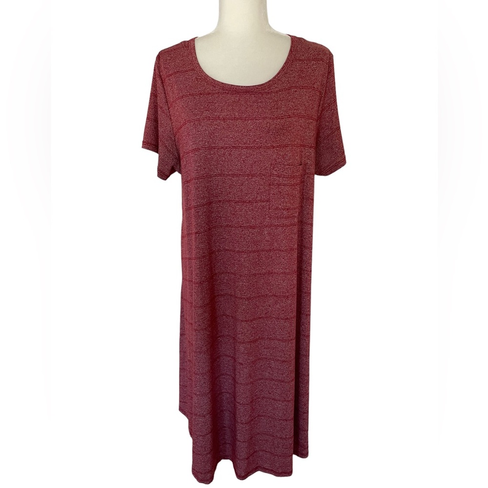 LULAROE TEE SHIRT DRESS Pocket Tee Short Sleeved Heather Red Striped Shift - Picture 2 of 10
